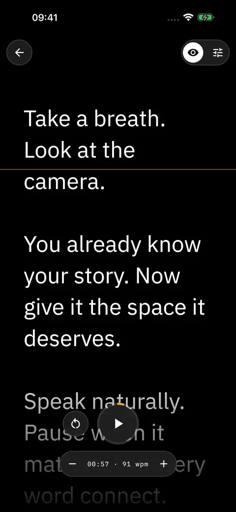 The teleprompter: large script text, a thin orange reading line, and play, restart and speed controls at the bottom.