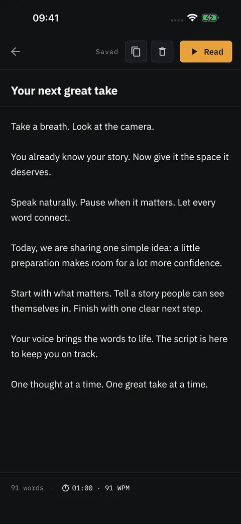The script editor with a title and the script text, a Read button, and the word count and estimated duration at the bottom.