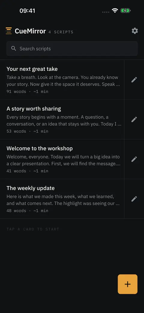 The script library: a search field and four scripts, each with a preview, word count and estimated duration, plus a button to add a new one.