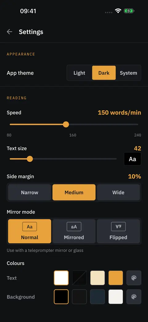 Settings: app theme, reading speed, text size, side margin, mirror mode and text and background colours.