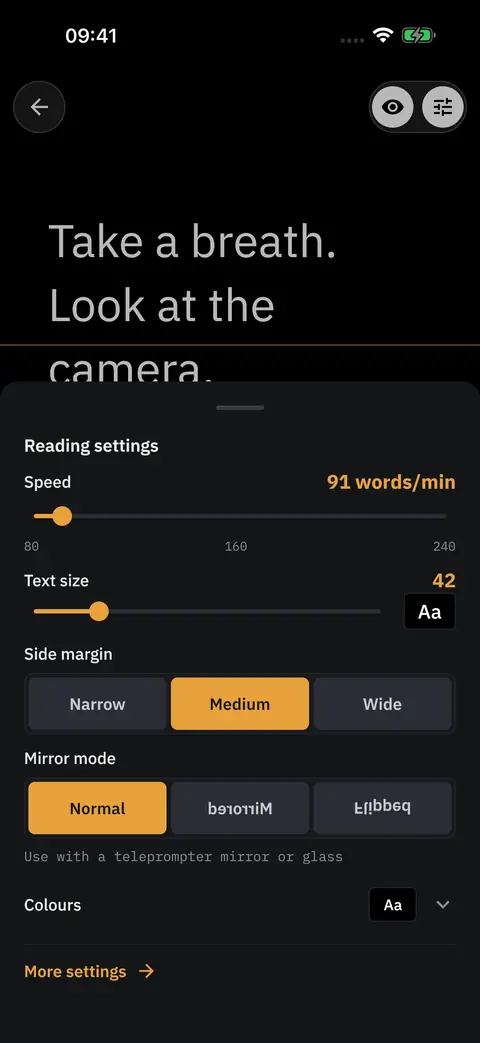 The quick adjustments sheet open over the teleprompter, with speed, text size, side margin, mirror mode and colours.