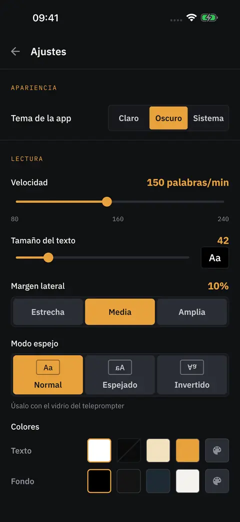Ajustes: tema de la app, velocidad de lectura, tamaño del texto, margen lateral, modo espejo y colores del texto y del fondo.