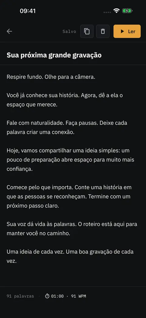 O editor de roteiro com título e texto, um botão Ler e, embaixo, a contagem de palavras e a duração estimada.