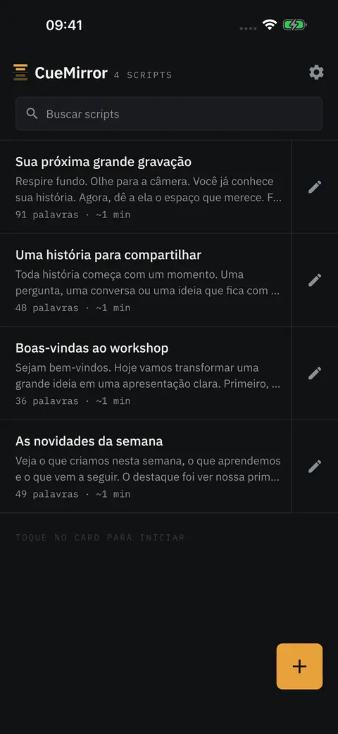 A biblioteca de roteiros: campo de busca e quatro roteiros, cada um com prévia, contagem de palavras e duração estimada, e um botão para criar um novo.