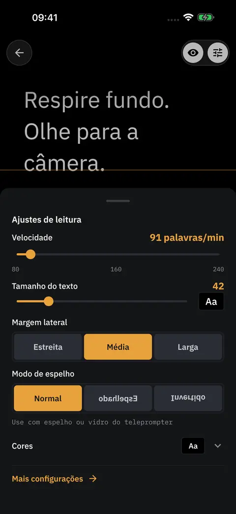 A folha de ajustes rápidos aberta sobre o teleprompter, com velocidade, tamanho do texto, margem lateral, modo de espelho e cores.